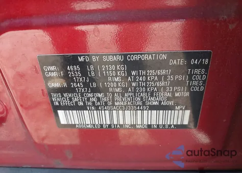 2018 Subaru Outback 2.5I Premium from USA, damaged, VIN 4S4BSACC3J3354492